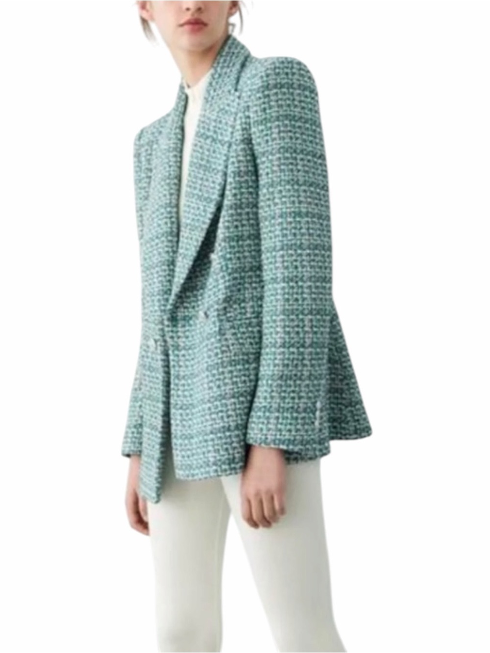 ZARA Teal Green Double Breasted Long Sleeve Tweed Blazer MEDIUM